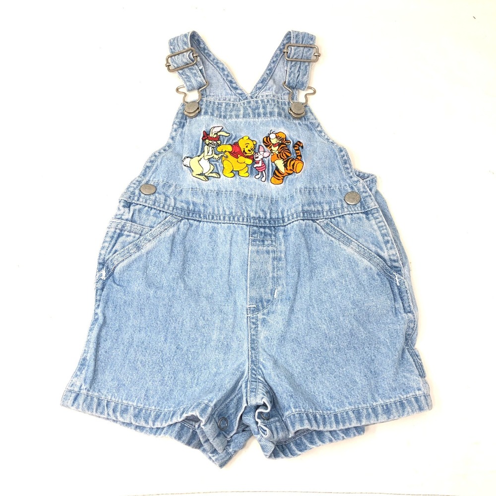 Vintage Disney Store 6M Denim Pooh Overalls Rabbit Tigger Embroidered Shortalls
